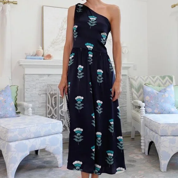 Ann Taylor Silk Navy Floral One Shoulder Dress - Picture 3 of 8